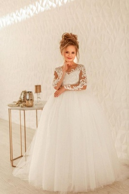 Романтическое платье с длинными рукавами из белого тюля и кружевной аппликацией для свадебной вечеринки для девочек_1