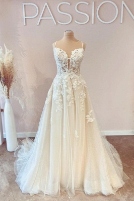 Spaghetti Straps White Floral Tulle Lace Appliques Aline Wedding Dress_1