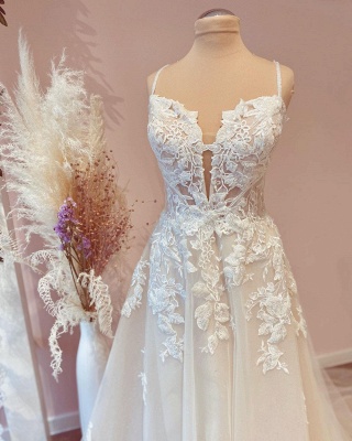 Spaghetti Straps White Floral Tulle Lace Appliques Aline Wedding Dress_2