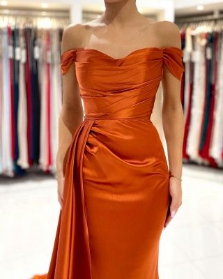 Stunning Stretch Satin Off Shoulder Evening Gown with Side Slit Detachable Train_6