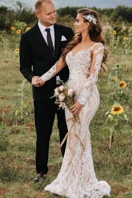 Великолепные свадебные платья русалки с длинными рукавами Белое кружевное свадебное платье с цветочными аппликациями_1