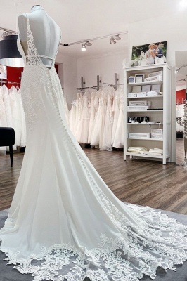 Romantic V-Neck Mermaid Bridal Dresses Sleeveless Soft Lace Wedding Dress_3