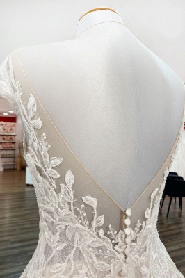 Винтажное свадебное платье трапециевидной формы с кружевными аппликациями и оборками из тюля с драгоценными камнями Длинное свадебное платье_6