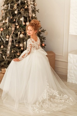 Romantische lange Ärmel weiße Tüll-Spitze-Applikationen Hochzeitsfest-Kleid für Mädchen_5