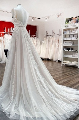 Sleeveless Tulle Wedding Dress Floral Lace Aline  Garden Wedding Gown_4