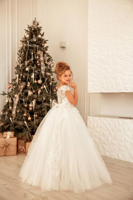 Lovely Cap Sleeves White Princess Flower Girl Dress for Wedding Christmas Party_2