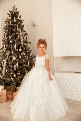 Lovely Cap Sleeves White Princess Flower Girl Dress for Wedding Christmas Party_6