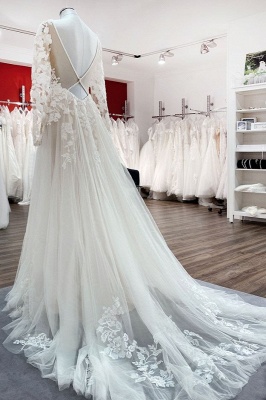 Stylish Long Sleeves  Wedding Dress Soft Floral Lace Bridal Dress Floor Length_4