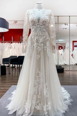 Stylish Long Sleeves  Wedding Dress Soft Floral Lace Bridal Dress Floor Length_1