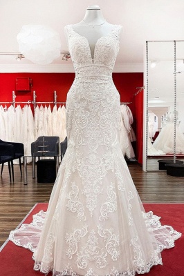 Romantic Sleeveless Lace Mermaid Wedding Dresses Straps Bridal Dress_1