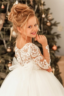 Romantische lange Ärmel weiße Tüll-Spitze-Applikationen Hochzeitsfest-Kleid für Mädchen_4