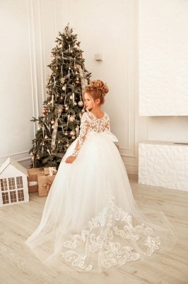 Романтическое платье с длинными рукавами из белого тюля и кружевной аппликацией для свадебной вечеринки для девочек_3