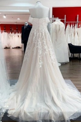 Stylish Off-the-Shoulder Aline Wedding Dress Floral Lace Appliques Backless Bridal Dress_2