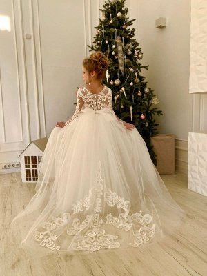Романтическое платье с длинными рукавами из белого тюля и кружевной аппликацией для свадебной вечеринки для девочек_6