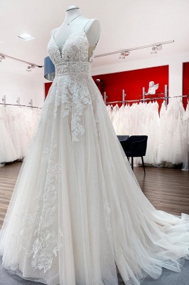 V-Neck Lace Wedding Dresses Sleeveless Aline Long Bridal Dress for Women_3