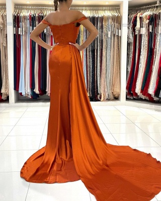 Stunning Stretch Satin Off Shoulder Evening Gown with Side Slit Detachable Train_2