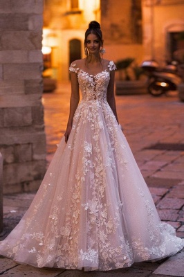 Vestido de noiva modesto Aline Mangas Boné Tule Floral Renda Até O Chão Vestido de Noiva_1