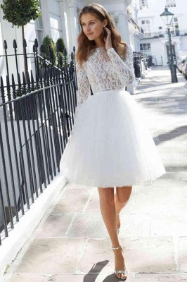 Chic Long Sleeves Weiß Kurzes Hochzeitskleid Tüll Knöchellang Einfaches Brautkleid_1