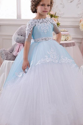 Halbarm Prinzessin Tüll Pegant Kleid für Kinder mit weißen Spitzenapplikationen_2