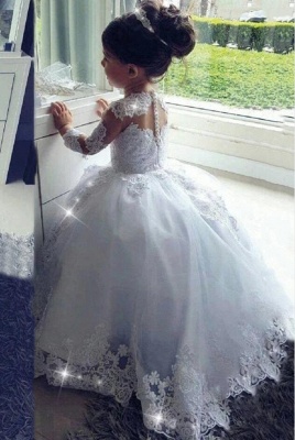 Lovely White Flower Girl Dress Floral Lace Beadings Kids Pageant Dress_2
