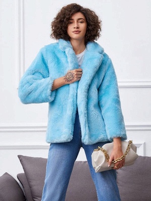 Abrigos de piel sintética para mujer, manga larga, cuello vuelto elástico informal, abrigo corto azul cielo claro