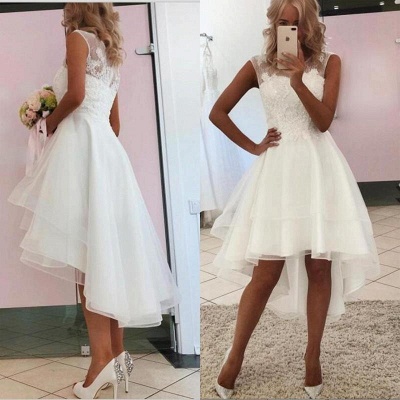 Modest Sleeveless White Lace Tulle Hi-Lo Wedding Dress_2