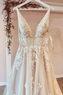 Elegant Deep V-Neck Wedding Dresses Tulle Floral Lace Long Dress for Bride_3