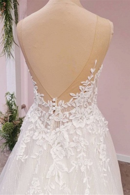 Sleeveless Aline Wedding Dress with Floral Lace Appliques V-Neck White Floor  Length Bridal Dress_4