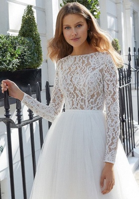 Chic Long Sleeves Weiß Kurzes Hochzeitskleid Tüll Knöchellang Einfaches Brautkleid_2