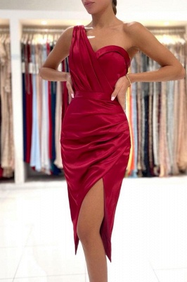 Burgundy Stretch Satin Short Slim Prom Dress One Shoulder Party Dress with Front Slit_1