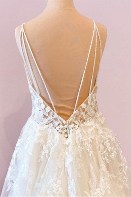 Белое свадебное платье на тонких бретелях Свадебное платье из тюля с глубоким двойным V-образным вырезом и цветочными кружевными аппликациями_4