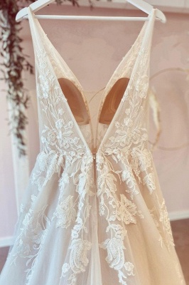 Elegant Deep V-Neck Wedding Dresses Tulle Floral Lace Long Dress for Bride_4