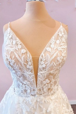 Белое свадебное платье на тонких бретелях Свадебное платье из тюля с глубоким двойным V-образным вырезом и цветочными кружевными аппликациями_3