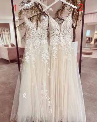 Elegant Spaghetti Straps Floral Lace Aline Wedding Dress Sleeveless Bridal Dress_1