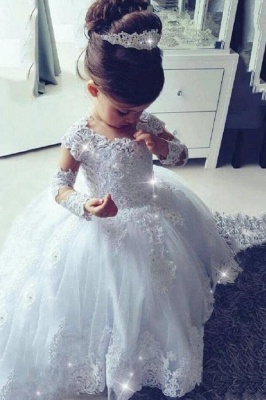 Lovely White Flower Girl Dress Floral Lace Beadings Kids Pageant Dress_1