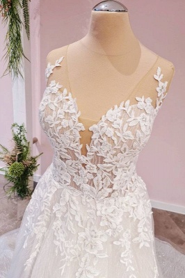Sleeveless Aline Wedding Dress with Floral Lace Appliques V-Neck White Floor  Length Bridal Dress_3