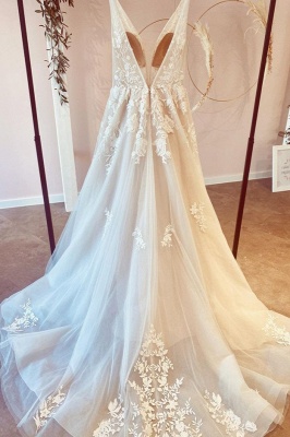 Elegant Deep V-Neck Wedding Dresses Tulle Floral Lace Long Dress for Bride_2