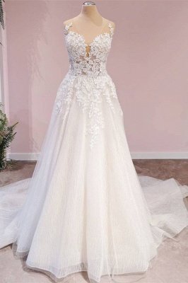 Sleeveless Aline Wedding Dress with Floral Lace Appliques V-Neck White Floor  Length Bridal Dress