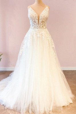 Белое свадебное платье на тонких бретелях Свадебное платье из тюля с глубоким двойным V-образным вырезом и цветочными кружевными аппликациями_1