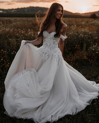 Свадебное платье из кружева с цветочным принтом и открытыми плечами, свадебное платье из тюля с сердечком_3