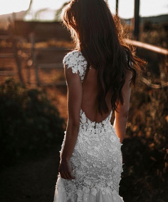 Vestido de noiva sereia chique com decote em V floral renda tule_5