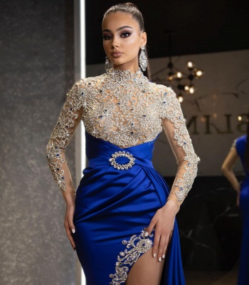 Luxury Halter Royal Blue Satin Mermaid Evening Maxi Dress Long Sleeves Crystals Gold Appliques Party Dress_2
