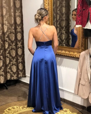 Королевское синее платье для выпускного вечера на тонких бретельках с разрезом спереди_3