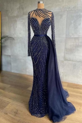 Stilvolles Marineblaues Meerjungfrau-Abendkleid mit hohem Kragen und abnehmbarer Tüll-Schleppe mit Kristallen Perlen langes Abendkleid_1
