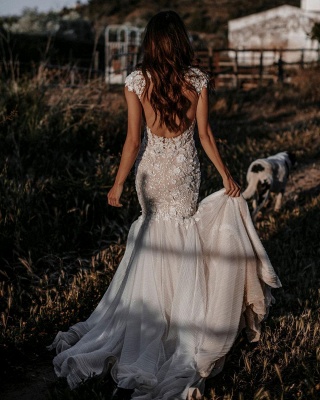 Vestido de noiva sereia chique com decote em V floral renda tule_6