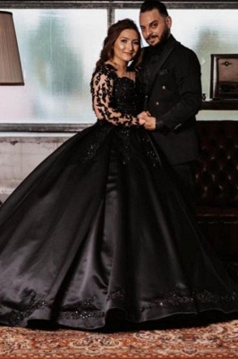 Robes de mariée noires à manches longues robe de bal en dentelle florale en satin_1