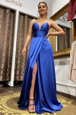 Royal Blue Spaghetti Straps Prom Dress with Front Split_1