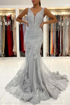 Charming Grey Sleeveless Mermaid Prom Dress V-Neck Tulle Lace Evening Wear Gown