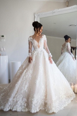 Великолепное свадебное платье с длинными рукавами и мягким цветочным кружевом с V-образным вырезом_1