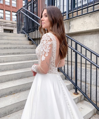 Romantic Soft Lace Wedding Dress Long Sleeves Aline Bridal Dress with V-Neck_2